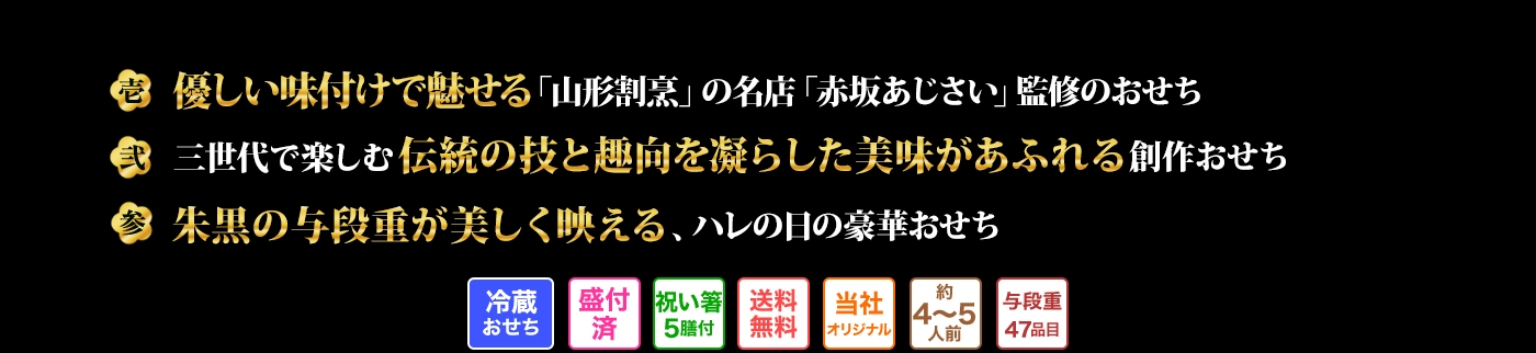 壱 優しい味付けで魅せる「山形割烹」の名店「赤坂あじさい」監修のおせち 弍 三世代で楽しむ伝統の技と趣向を凝らした美味があふれる創作おせち 参 朱黒の与段重が美しく映える、ハレの日の豪華おせち