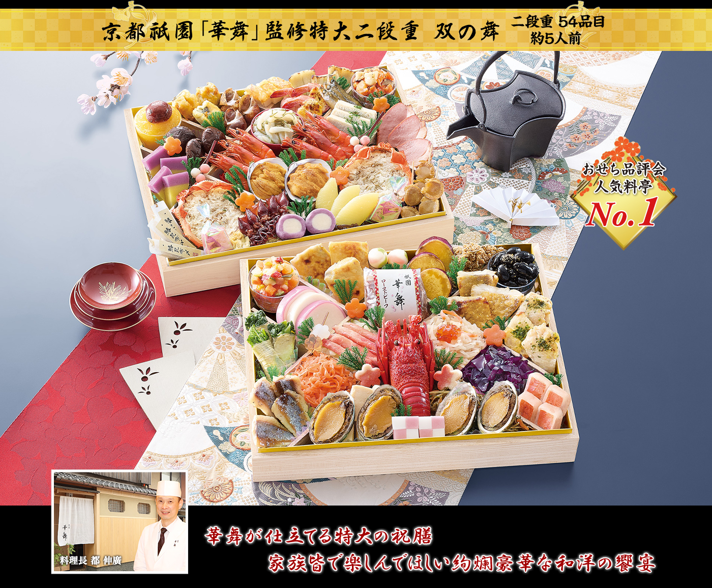 京都祇園「華舞」監修特大二段重 双の舞 二段重 54品目 約5人前 華舞が仕立てる特大の祝膳 家族皆で樂しんでほしい絢爛豪華な和洋の饗宴 料理長 都 伸廣