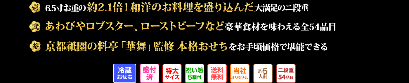 壱 6.5寸お重の約2.1倍!和洋のお料理を盛り込んだ大満足の二段重 弐 あわびやロブスター、ローストビーフなど豪華食材を味わえる全54品目 参 京都祇園の料亭「華舞」監修本格おせちをお手頃価格で堪能できる 冷蔵おせち 盛付済 特大サイズ 祝い箸5膳付 送料無料 当社オリジナル 約5人前 二段重54品目