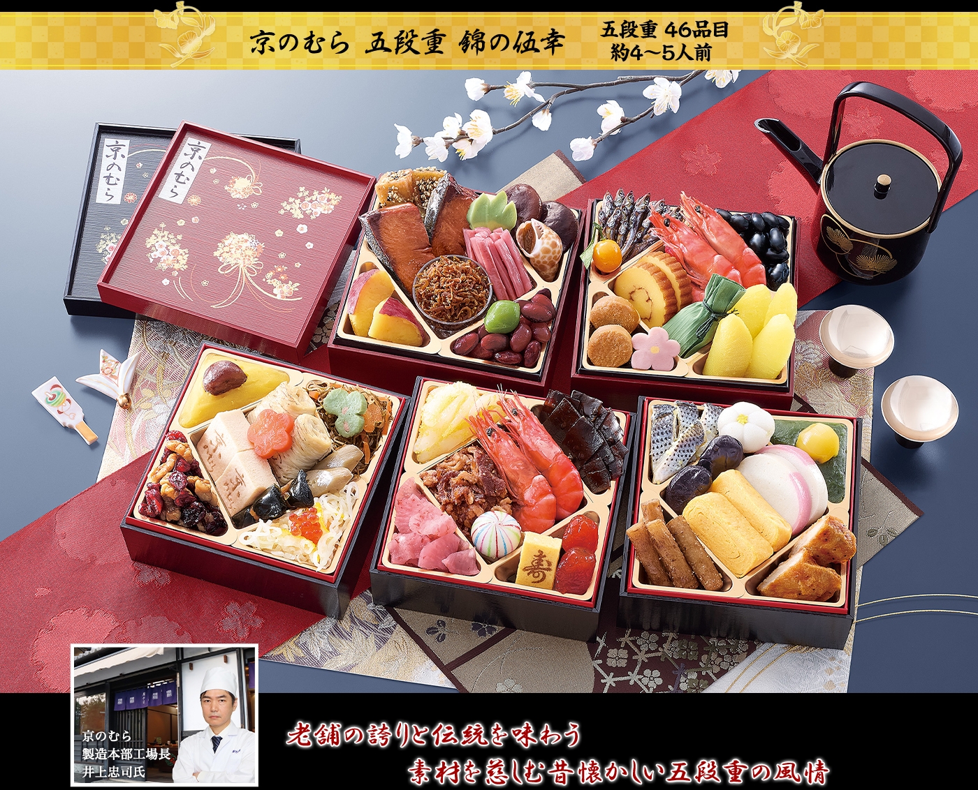 京のむら 五段重 錦の伍幸 老舗の誇りと伝統を味わう 素材を慈しむ昔懐かしい五段重の風情