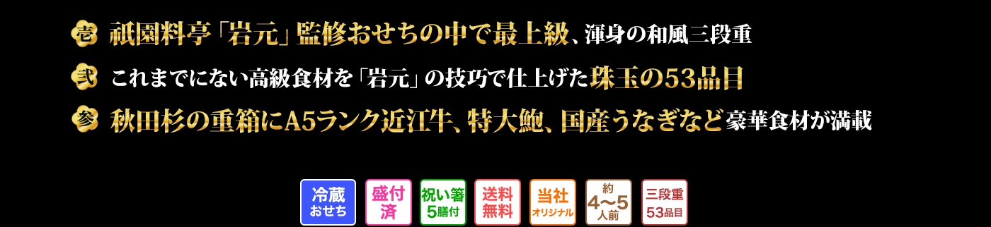 壱 祇園料亭「岩元」監修おせちの中で最上級、渾身の和風三段重 弐 これまでにない高級食材を「岩元」の技巧で仕上げた珠玉の53品目 参 秋田杉の重箱にA5ランク近江牛、特大鮑、国産うなぎなど豪華食材が満載
