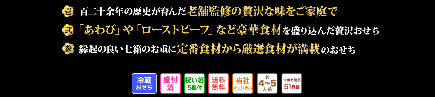 壱 和食、洋食、そして海と山の幸を贅沢に使った彩り豊かな全63品目 弍 見た目の華やかさと食べやすさを両立した、小ぶりながらも豪華な七箱のお重 参 素材本来の繊細な風味と上品な味わいを堪能できる、「やまの」の真髄が詰まった京おせち