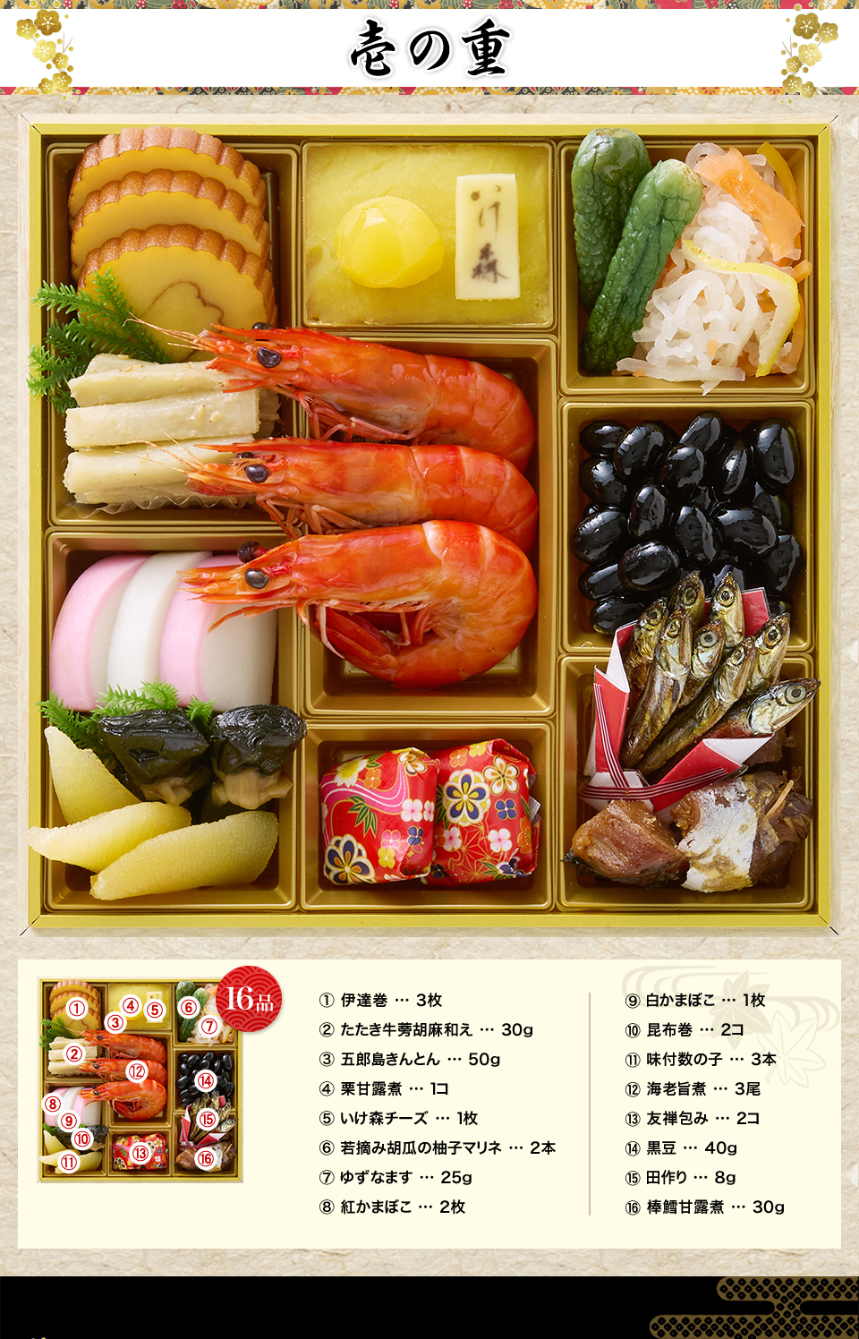 壱の重 伊達巻3枚 たたき牛蒡胡麻和え30g 五郎島きんとん50g 栗甘露煮1コ いけ森チーズ1枚 若摘み胡瓜の柚子マリネ2本 ゆずなます25g 紅かまぼこ2枚 白かまぼこ1枚 昆布巻2コ 味付数の子3本 海老旨煮3尾 友禅包み2コ 黒豆40g 田作り8g 棒鱈甘露煮30g