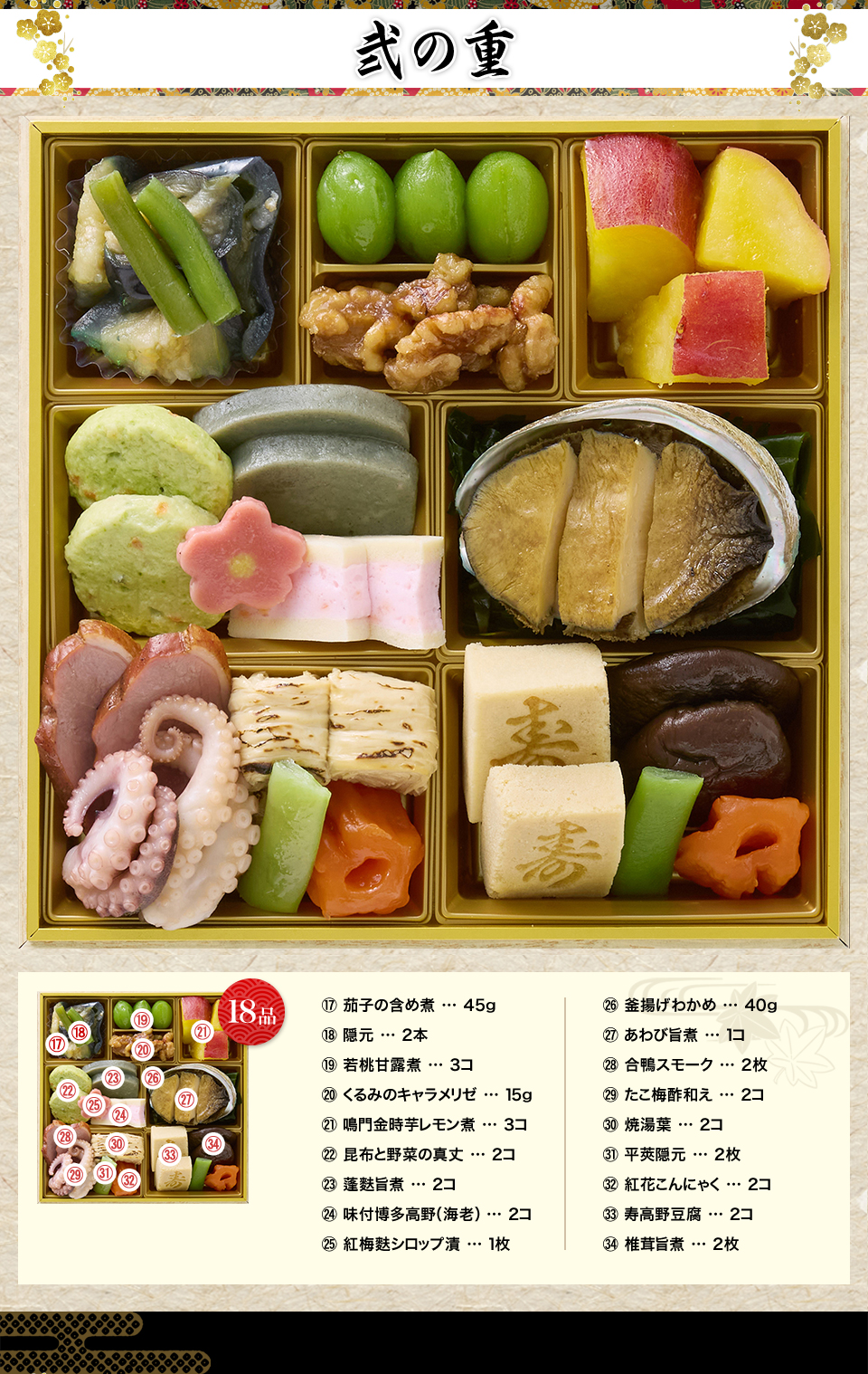 弐の重 茄子の含め煮45g 隠元2本 若桃甘露煮3コ くるみのキャラメリゼ15g 鳴門金時芋レモン煮3コ 昆布と野菜の真丈2コ 蓬麩旨煮2コ 味付博多高野（海老）2コ 紅梅麩シロップ漬1枚 釜揚げわかめ40g あわび旨煮1コ 合鴨スモーク2枚 たこ梅酢和え2コ 焼湯葉2コ 平莢隠元2枚 紅花こんにゃく2コ 寿高野豆腐2コ 椎茸旨煮2枚
