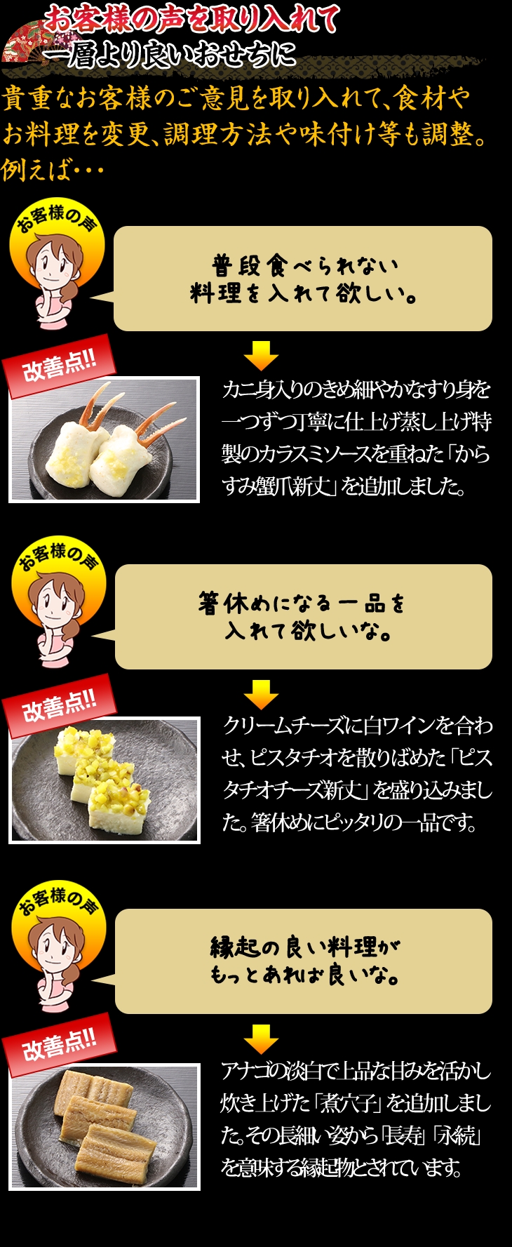 お客様の声を取り入れて一層より良いおせちに