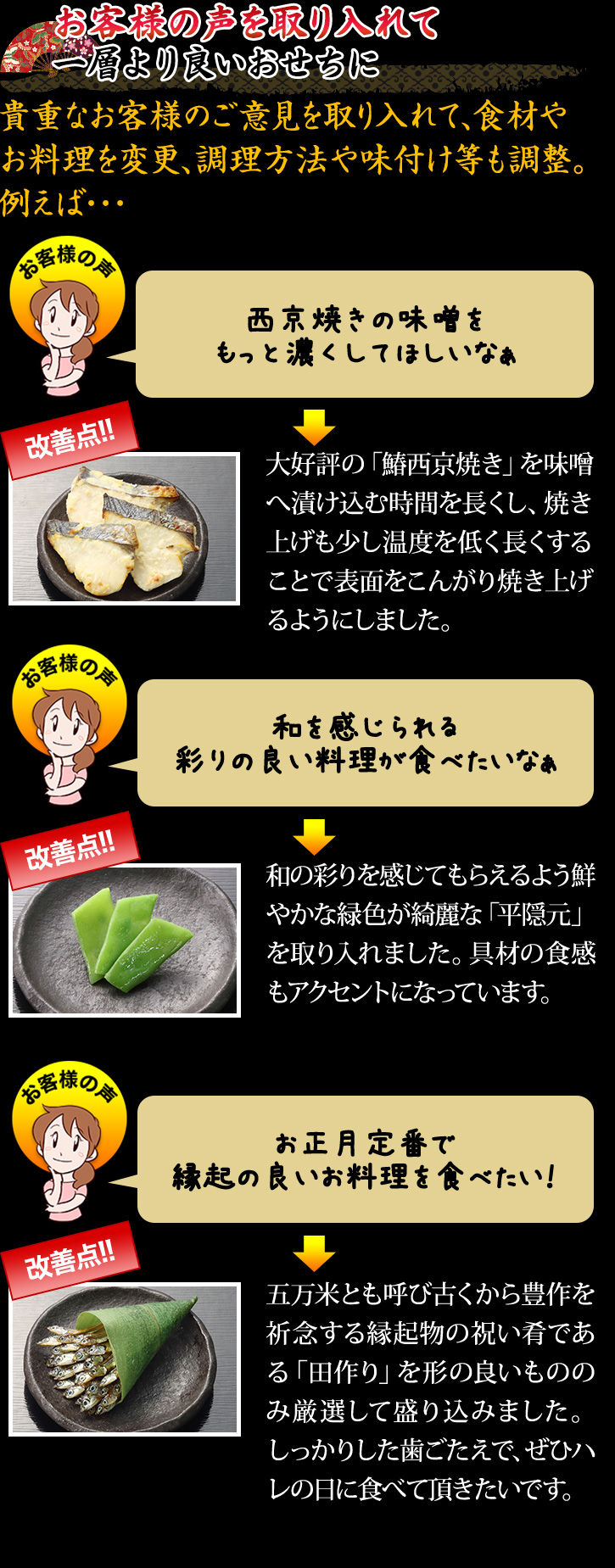 お客様の声を取り入れて一層より良いおせちに