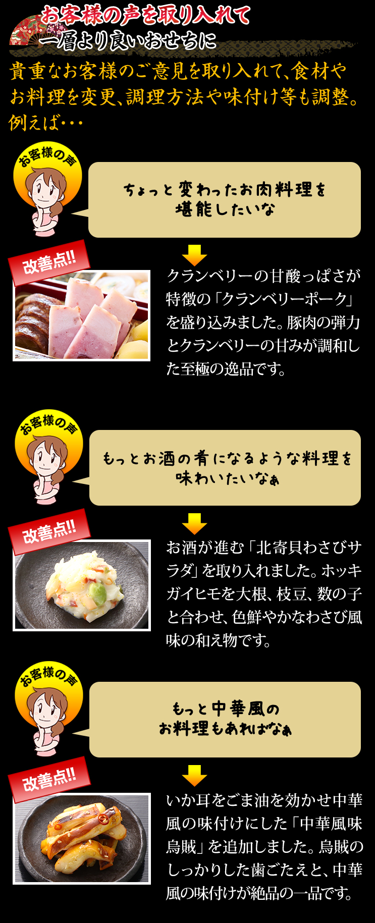 お客様の声を取り入れて一層より良いおせちに