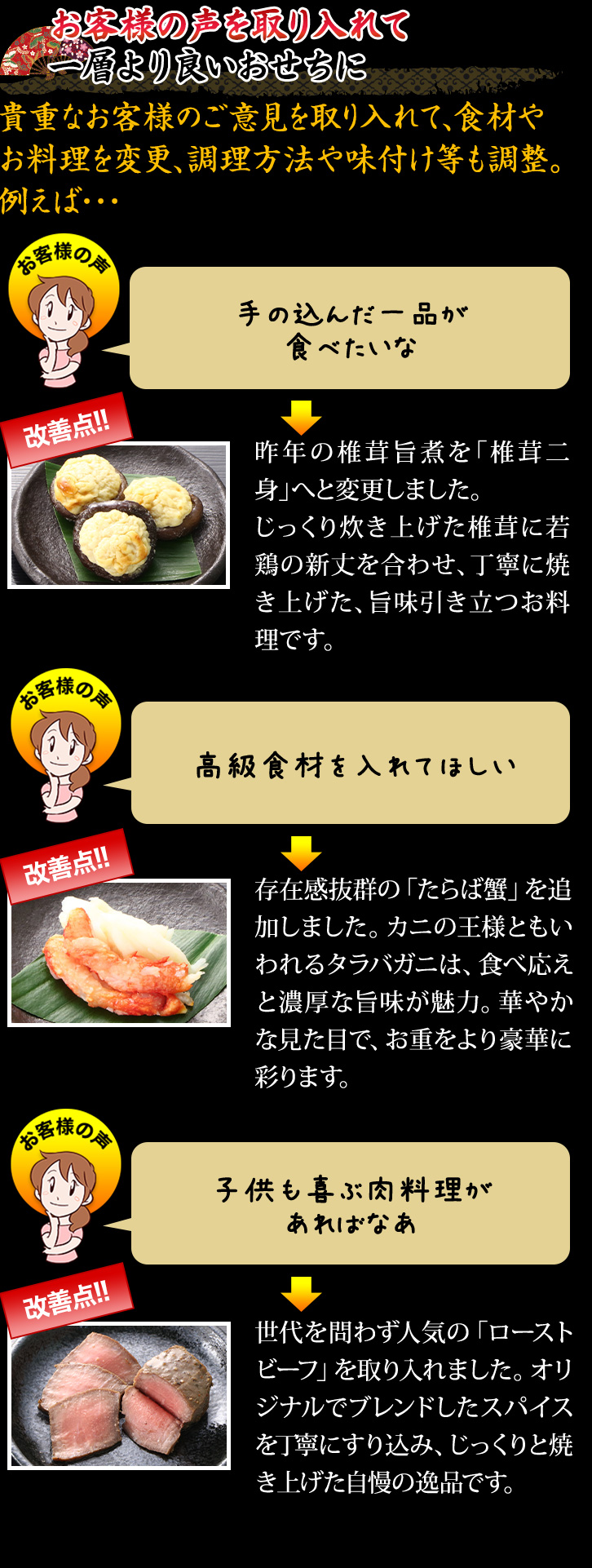 お客様の声を取り入れて一層より良いおせちに