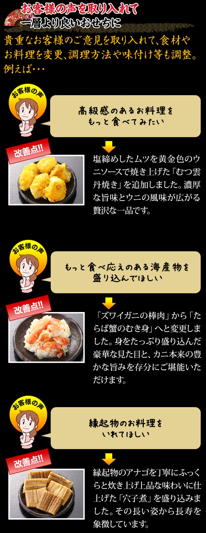 お客様の声を取り入れて一層より良いおせちに