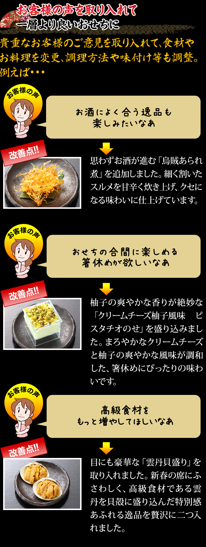 お客様の声を取り入れて一層より良いおせちに