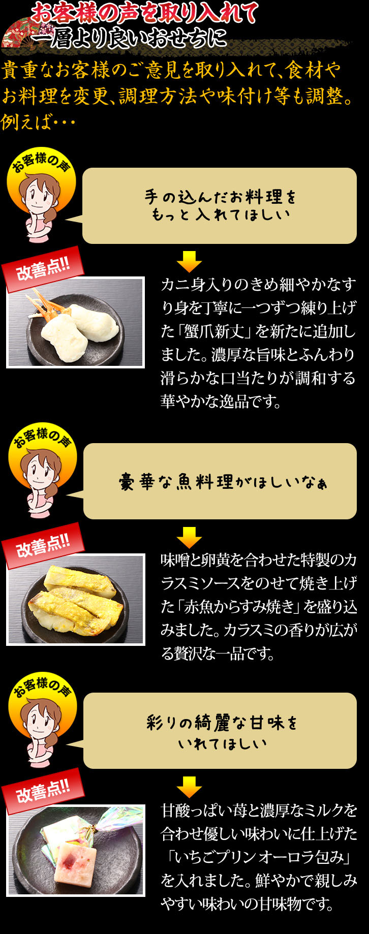 お客様の声を取り入れて一層より良いおせちに