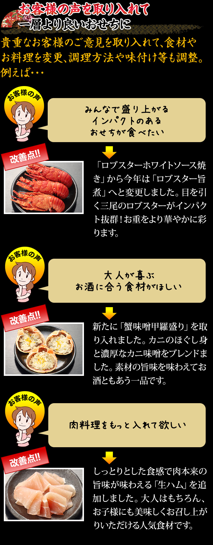 お客様の声を取り入れて一層より良いおせちに