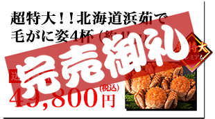 超特大！！北海道浜茹で毛がに 姿4杯（約4kg）送料無料 49,800円(税込）